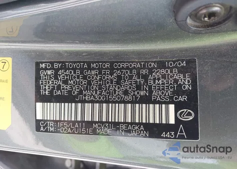 2005 Lexus Es 330 из США, поврежденный, VIN JTHBA30G155078817